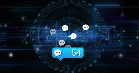 Floating cluster of speech-bubble icons hovering over radar grid, showing blue イラスト素材
