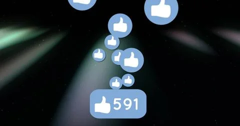 Floating cluster of thumbs-up icon bubbles rising on virtual interface backdrop, Illustrazione stock