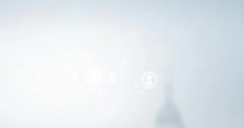 Floating cluster of user icons connecting across pale gradient field, with gl Stock Illustration