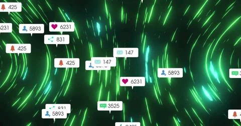 Floating cluster of white notification bubbles moving in cyber tunnel, Stockfoto's
