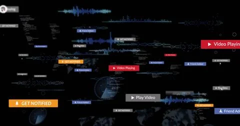 Floating clustered UI elements moving across virtual dashboard, with GET 库存插图