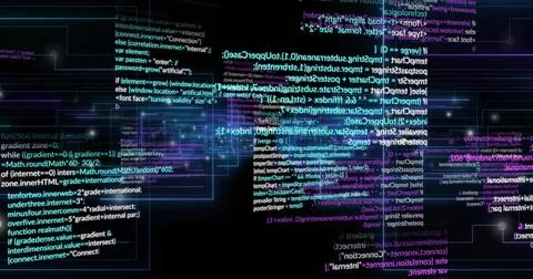 Floating clusters of translucent code panels streaming through digital void,  Illustrazione stock