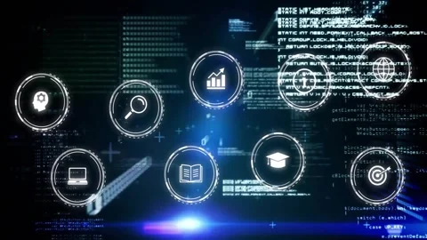 Floating code activating grid, code scrolling behind icons as beam guiding Stock Footage 328005614