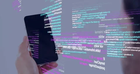 Floating code appearing and causing man tapping smartphone with finger in Stock Footage 332289271