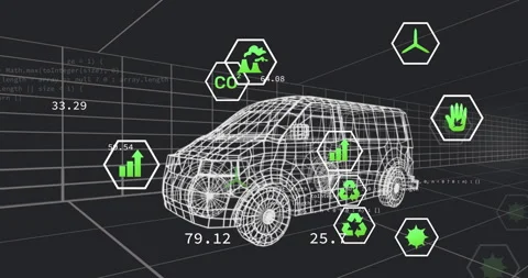Floating code appearing causing data icons forming around wireframe van, showing Stock Footage 312486231