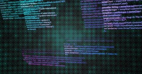 Floating code blocks moving across screen, showing visible keywords and teal Stockfoto's