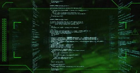 Floating code column glowing in virtual interface, flanked by panels with HUD Stock-Fotos