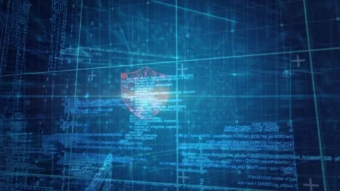 Floating code converging on pulsating light orb, shaping neon shield with cloud Stock Footage 327124934