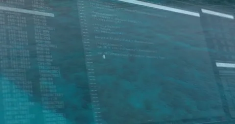 Floating code editor window displaying JavaScript code over turquoise ocean Stock Footage 307430639
