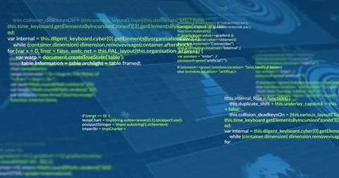 Floating code lines above world map in abstract scene, with curved grid lines Illustrazione stock