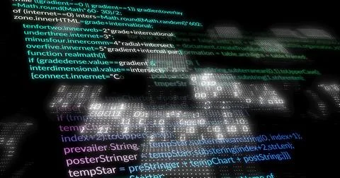 Floating code lines and glowing node cluster converging in digital space over Stock Photos