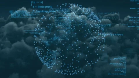 Floating code lines starting globe spinning, nodes pulsing, showing data flow Stock Footage 317265475