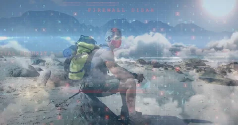 Floating code overlay alerting seated hiker wearing backpack of cyber attack Stock Footage 312004196