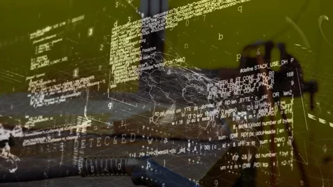 Floating code overlay and wireframe mesh grid hovering over desk surface with Stock Footage 308151853