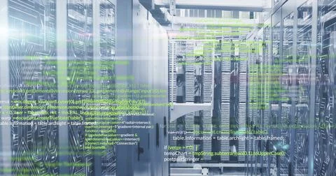 Floating code overlaying data center aisle, featuring server racks with patch 写真素材