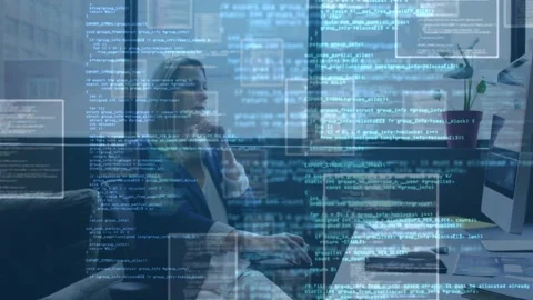 Floating code overlays appearing, woman adjusting posture, typing, clicking, Stock Footage 332955965
