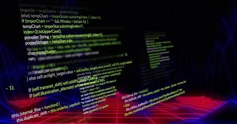 Floating code panel displaying colored code in cyberspace, with magenta grid and Stock Photos