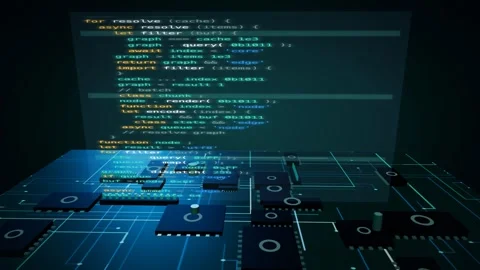 Floating code panel over a teal circuit board with parallel data bus traces 3D Stock Footage 340201218