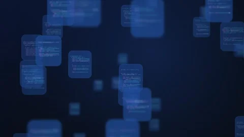 Floating code panels and script cards receding into depth on a dark blue 動画素材 344634666