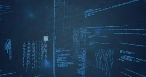 Floating code panels, binary flow, grids and clear blocks drifting in cyberspace Stock Illustration