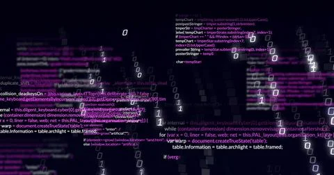 Floating code snippets and 0s 1s forming layered display in virtual cyberspac Stock Illustration