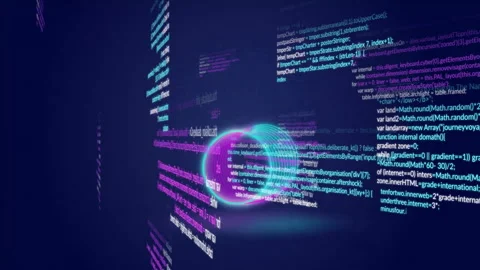 Floating code snippets circling glowing neon torus in 3D holographic data Stock Footage 309100800