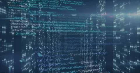 Floating code snippets glowing over virtual grid, receding with translucent Stock Photos