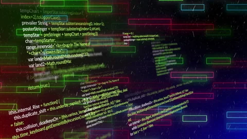 Floating code snippets layering across cyberspace while neon rectangles Stock Footage 307886026