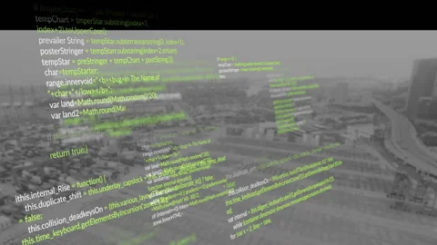 Floating code snippets moving over gray aerial cityscape showing layered 库存影片 308656021