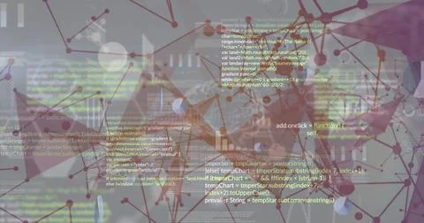 Floating code snippets overlaying 3D network in data environment, with spheres, 写真素材