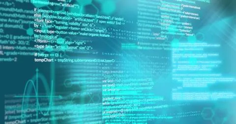 Floating code streaming over interface, showing HTML or CSS or JavaScript, hex Stock Illustration