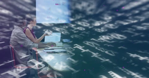 Floating code symbols drifting aside revealing team holding meeting discussing Video stock 315567372