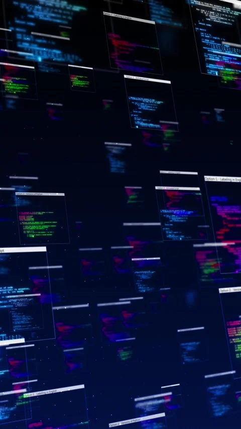 Floating code windows technology programming panels, dark space depth, glowing s Stock Footage 340564446