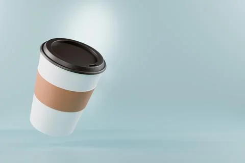 A floating coffee cup against a soft blue background Illustrazione stock