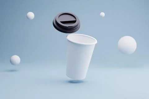 Floating coffee cup, lid open, blue studio, spheres background, mockup Stock Illustration