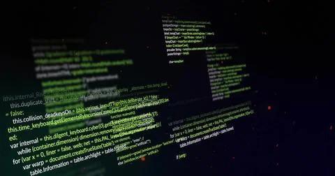 Floating color-coded code snippets appearing against dark canvas with glowing Stock Illustration