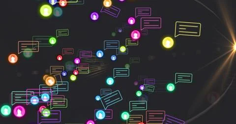 Floating colored chat bubbles and avatar icons drifting through network, with Illustrazione stock