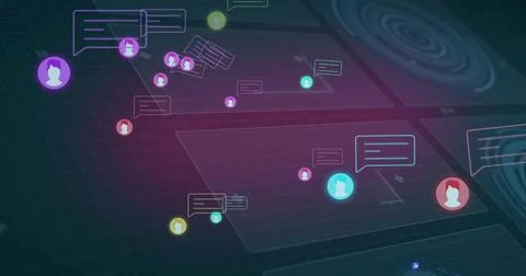 Floating colored user avatars and speech bubbles creating network on dark teal 스톡 일러스트