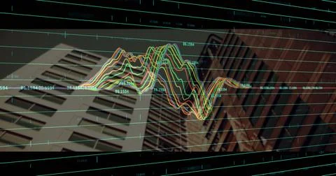 Floating colorful 3D line graph among building facades, showing numeric labels イラスト素材