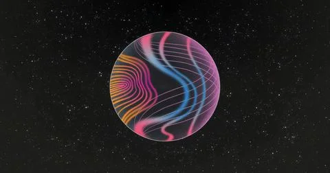 Floating colorful abstract orb hovering in star-speckled outer space, with ne Stock Illustration