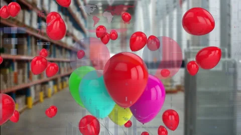 Floating colorful balloons over warehouse with data processing animation Stock Footage 304256161