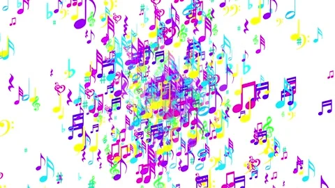 Floating colorful music notes. Exploding icons. White background. 59,94 fps Stock Footage 167789289