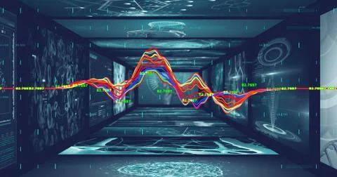 Floating colorful waveform graph winding through data tunnel, with schematics Stock Photos