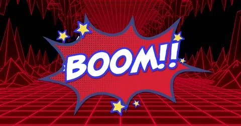 Floating comic explosion bubble showing BOOM!! over retro digital cave grid, Stock Photos