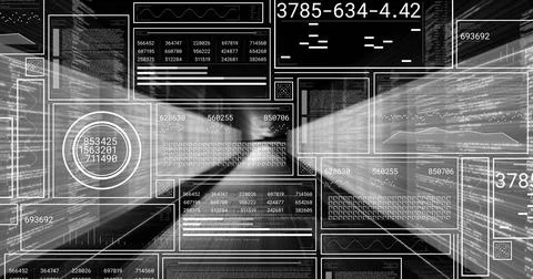 Floating composite digital panels streaming through data tunnel, with numeric イラスト素材