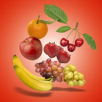 Floating Composition of some fruits on orange gradient Stock Photos