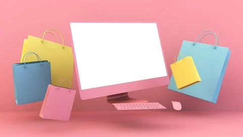 Floating computer and shopping bags Stock Illustration