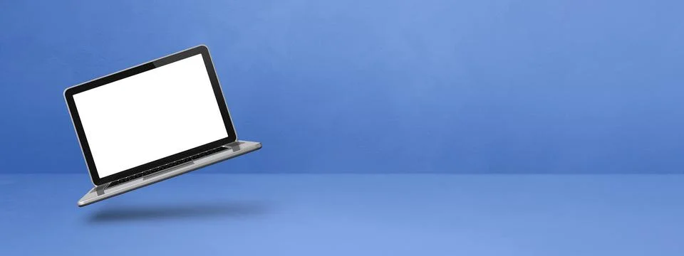 Floating computer laptop isolated on blue. Horizontal banner background Stock Illustration