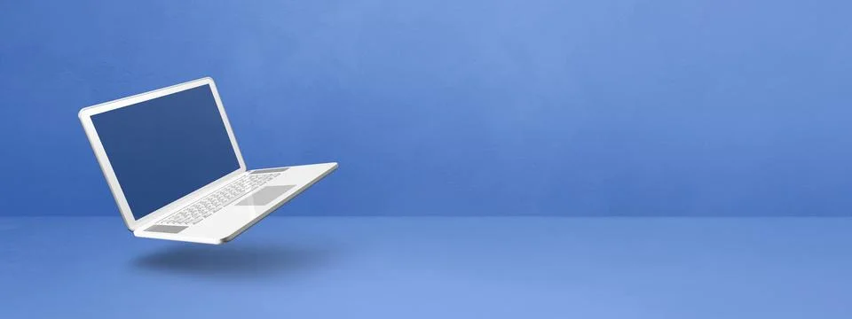 Floating computer laptop isolated on blue. Horizontal banner background Illustrazione stock