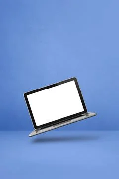 Floating computer laptop isolated on blue. Vertical background Stock Illustration